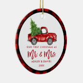 ブラシスクリプト水カラーヴィンテージ赤トラックのプレイド セラミックオーナメント (右)