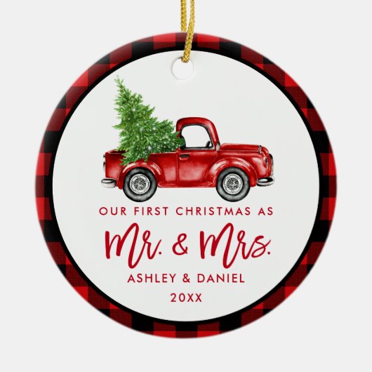 ブラシスクリプト水カラーヴィンテージ赤トラックのプレイド セラミックオーナメント (正面)