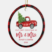 ブラシスクリプト水カラーヴィンテージ赤トラックのプレイド セラミックオーナメント (左)