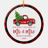 ブラシスクリプト水カラーヴィンテージ赤トラックのプレイド セラミックオーナメント (裏面)