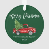 ブラシスクリプト水彩ヴィンテージ赤トラック緑 オーナメント (裏面)