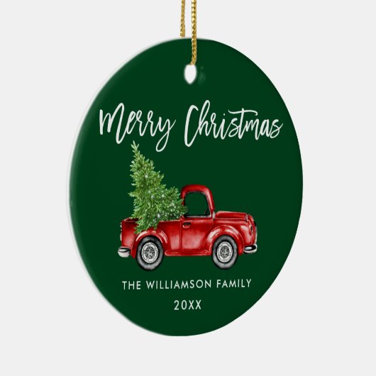 ブラシスクリプト水彩ヴィンテージ赤トラック緑 セラミックオーナメント (右)