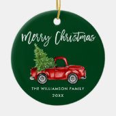 ブラシスクリプト水彩ヴィンテージ赤トラック緑 セラミックオーナメント (正面)