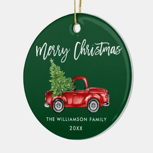 ブラシスクリプト水彩ヴィンテージ赤トラック緑 セラミックオーナメント (左)