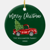 ブラシスクリプト水彩ヴィンテージ赤トラック緑 セラミックオーナメント (裏面)