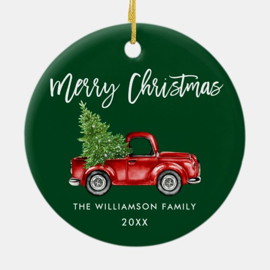 ブラシスクリプト水彩ヴィンテージ赤トラック緑 セラミックオーナメント (裏面)