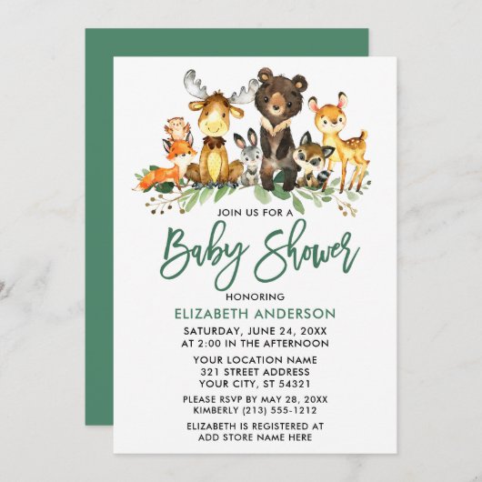 ブラシスクリプト水彩木地動物シャワー 招待状 (正面/裏面)