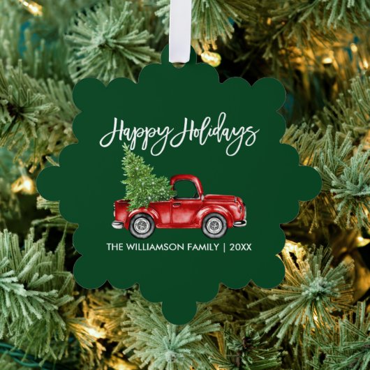 ブラシスクリプト水色トラックグリーンホリデイ オーナメントカード (インサイチュ (木))