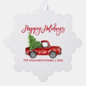 ブラシスクリプト水色レッドトラックホリデイ オーナメントカード (正面)