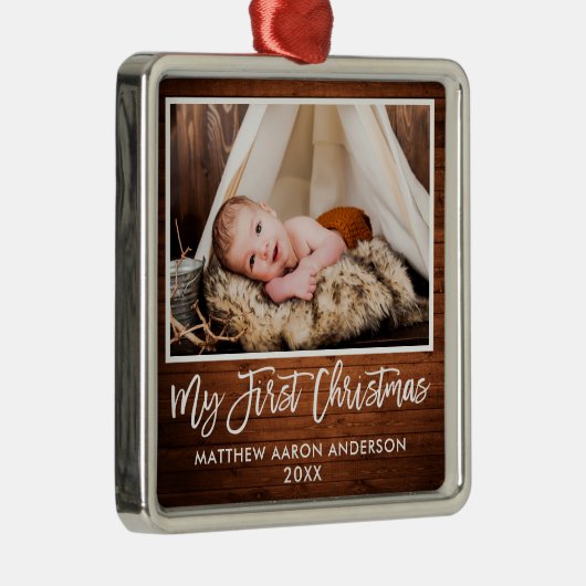 ブラシスクリプト素朴ウッドベビー初めてのクリスマス メタルオーナメント (右)