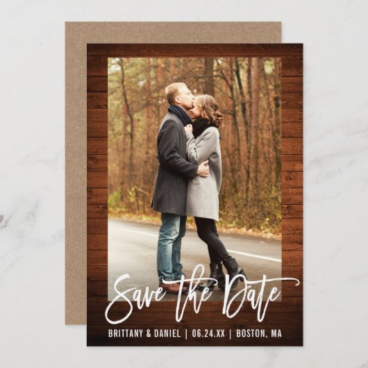 ブラシスクリプト素朴ウッド日付クラフトカードを保存 招待状 (正面/裏面)