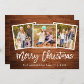ブラシスクリプト素朴ウッド3フォトファミリークリスマス シーズンカード (正面/裏面)