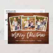 ブラシスクリプト素朴ウッド3フォトファミリークリスマス ポストカード (正面/裏面)