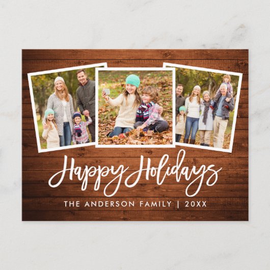 ブラシスクリプト素朴ウッド3フォトファミリーホリデー ポストカード (正面)