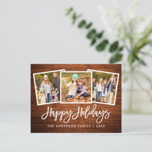 ブラシスクリプト素朴ウッド3フォトファミリーホリデー ポストカード (スタンド正面)