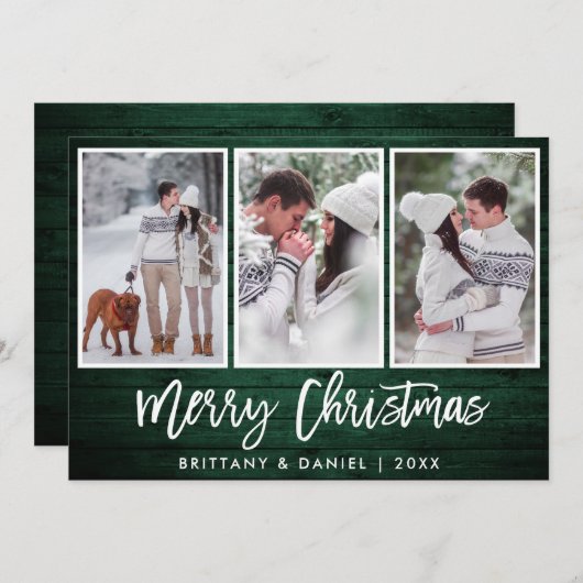 ブラシスクリプト素朴グリーンウッドクリスマス3写真 シーズンカード (正面/裏面)