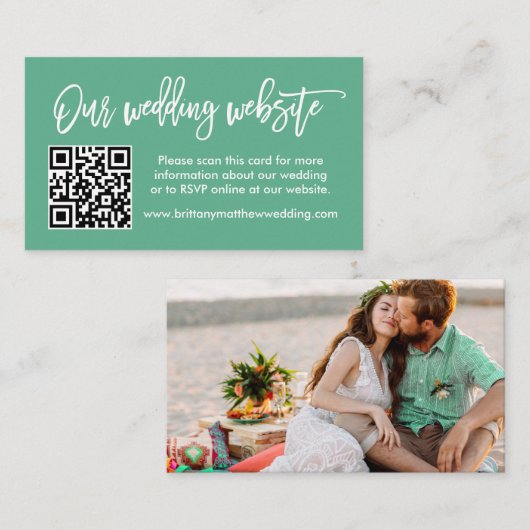 ブラシスクリプト結婚のウェブサイトQRフォトミントグリーン エンクロージャーカード (正面/裏面)