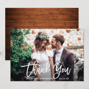 ブラシスクリプト結婚ウッドの写真サンキューカード 招待状