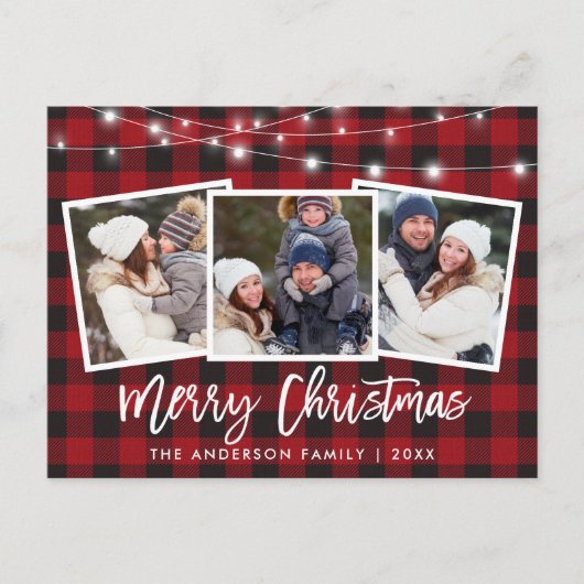 ブラシスクリプト赤い格子模様ライト3フォトクリスマス ポストカード (正面)