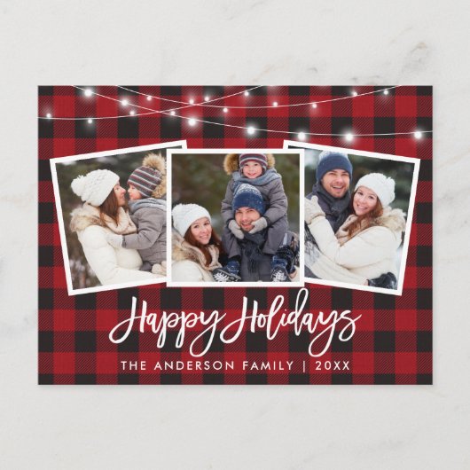 ブラシスクリプト赤い格子縞ライト3フォトホリデー ポストカード (正面)