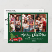 ブラシスクリプト3フォトクリスマスヴィンテージトラックグリーン ポストカード (正面/裏面)