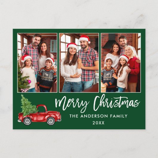 ブラシスクリプト3フォトクリスマスヴィンテージトラックグリーン ポストカード (正面)