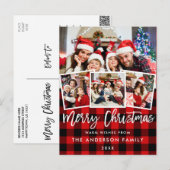 ブラシスクリプト メリークリスマス 4枚の写真 赤い格子縞 ポストカード (正面/裏面)
