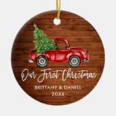 ブラシスクリプト ヴィンテージ トラック 木製 ファースト クリスマス セラミックオーナメント (正面)