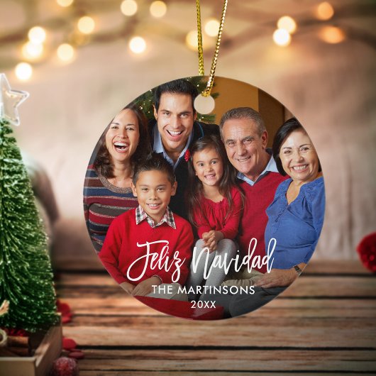 ブラシスクリプトFeliz Navidadフォトレッドバック セラミックオーナメント
