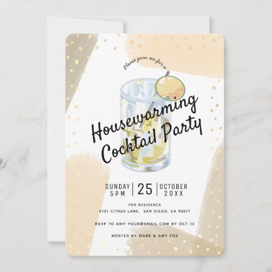 ブラシストロモダンーク引っ越し祝いパーティーカクテルパーティー 招待状 (正面)
