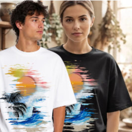 ブラシストロークのトロピカルサンセットサーフィンアート Tシャツ