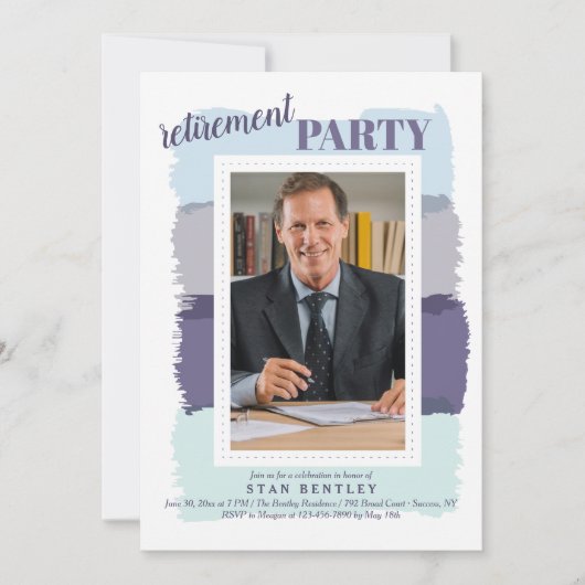 ブラシストロークブルーフォトリタイアメントパーティーInvitati 招待状 (正面)