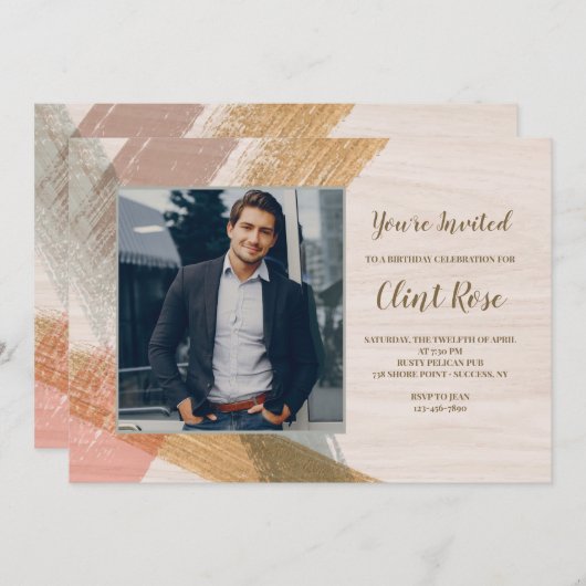 ブラシストローク写真の誕生日パーティーへの招待 招待状 (正面/裏面)