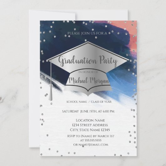 ブラシストローク卒業キャップ、ダイヤモンド卒業 招待状 (正面)