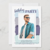 ブラシストローク青い写真の誕生日パーティーの招待 招待状 (正面)