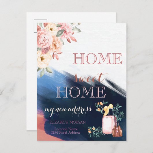 ブラシストローク、スーツケースフローラ新しいアドレス 案内ポストカード (正面/裏面)