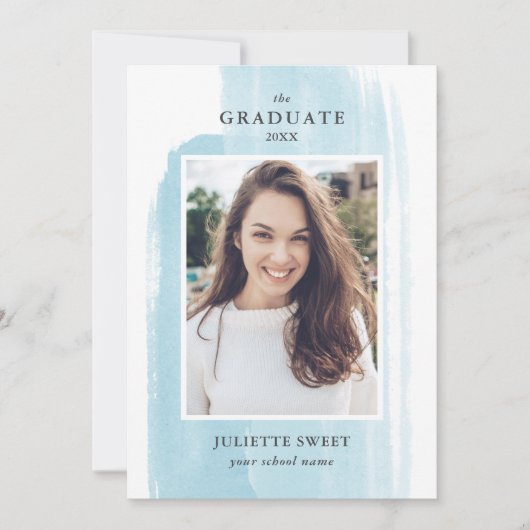 ブラシストローク |淡い青の写真のガーリー卒業 招待状 (正面)