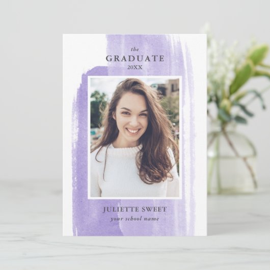 ブラシストローク |紫色の写真のガーリー卒業 招待状 (スタンド正面)