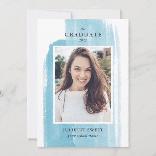ブラシストローク |青い写真のガーリー卒業 招待状 (正面)
