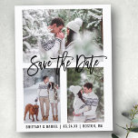 ブラシスモダンクリプト日付3写真の保存 ポストカード<br><div class="desc">ブラシモダンスクリプト日付の保存婚約カップル3写真はがき</div>
