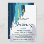 ブラシスモダンクリプト金ゴールド及びブルー《キリスト教》洗礼式や命名式 招待状 (正面/裏面)