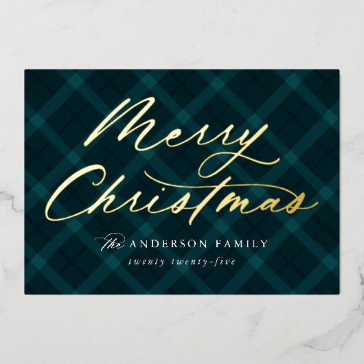 ブラシティール（緑がかった色）プレイドメリークリスマスノンフォト 箔シーズンカード (正面)