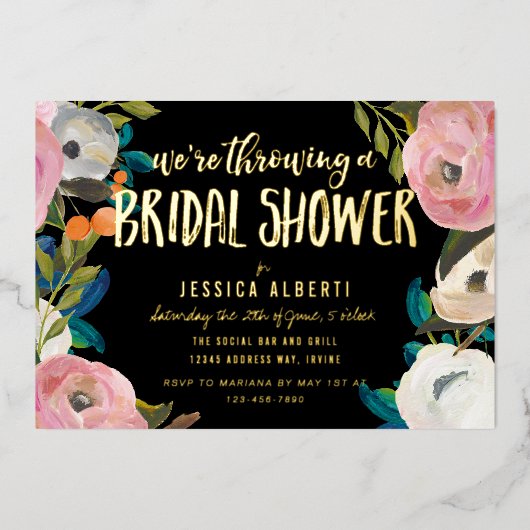 ブラシフローラブライダルシャワーゴールドフォイル招待状 箔招待状 (正面)