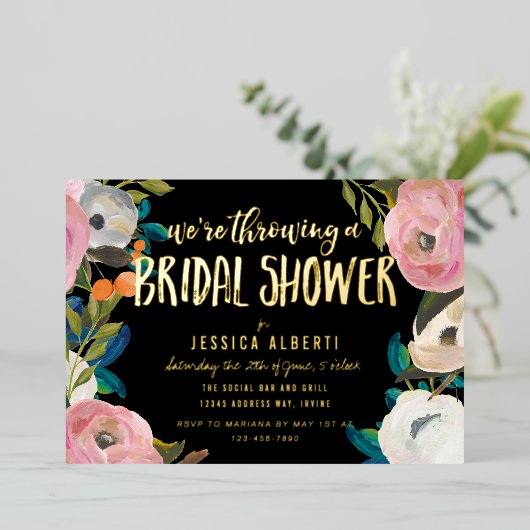 ブラシフローラブライダルシャワーゴールドフォイル招待状 箔招待状 (立ち正面)