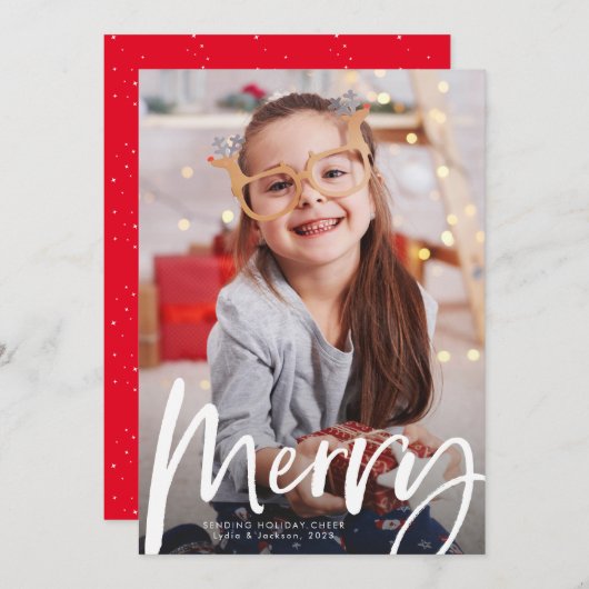 ブラシメリースクリプト1枚の写真クリスマス シーズンカード (正面/裏面)
