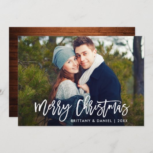 ブラシモダンスクリプトウッドクリスマスフォトカード 招待状 (正面/裏面)