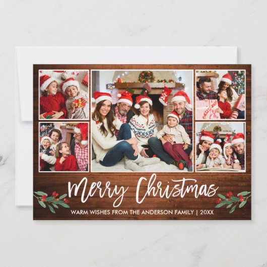 ブラシモダンスクリプトウッド5フォトファミリークリスマス シーズンカード (正面)
