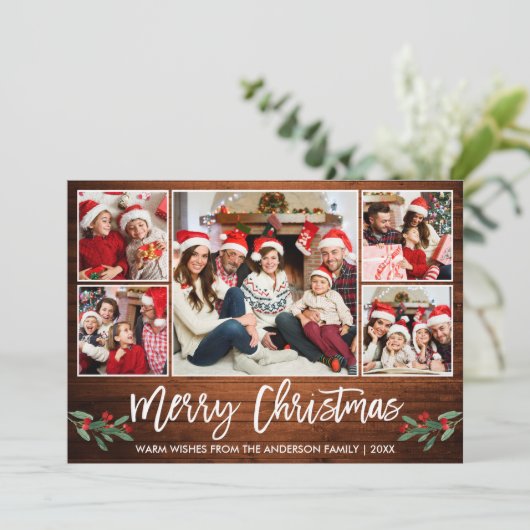 ブラシモダンスクリプトウッド5フォトファミリークリスマス シーズンカード (スタンド正面)