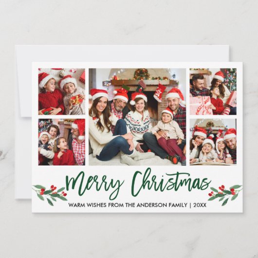 ブラシモダンスクリプトグリーン5フォトファミリークリスマス シーズンカード (正面)