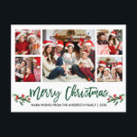 ブラシモダンスクリプトグリーン5フォトファミリークリスマス ポストカード<br><div class="desc">ブラシモダンスクリプト5フォトファミリー写真コラージメリークリスマスポストカードは水色クリスマスホリーベリーを含む – グリーンスクリプト</div>